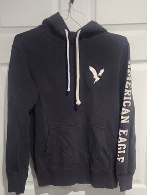 American Eagle Outfitters Navy Hoodie with White Logo and Sleeve Text